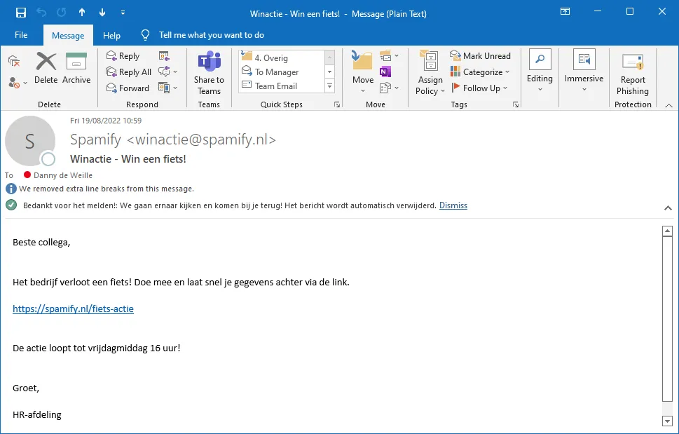 Bericht na het melden van een phishingmail