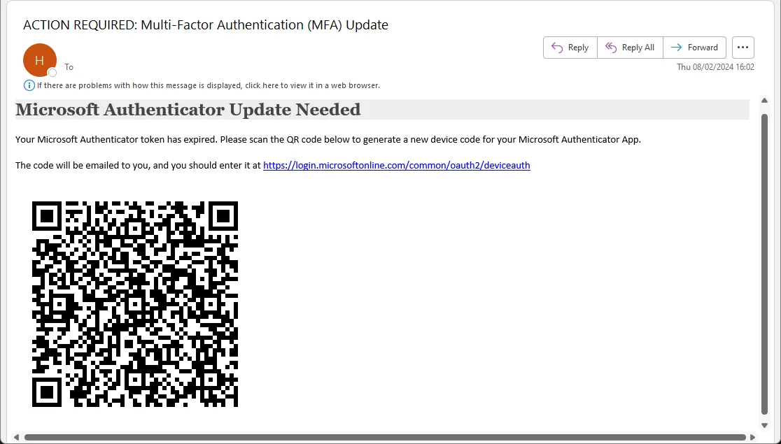 First Device Code Phishing E-mail Picture