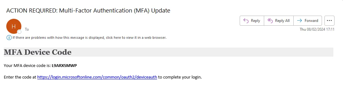 Second Device Code Phishing E-mail Picture